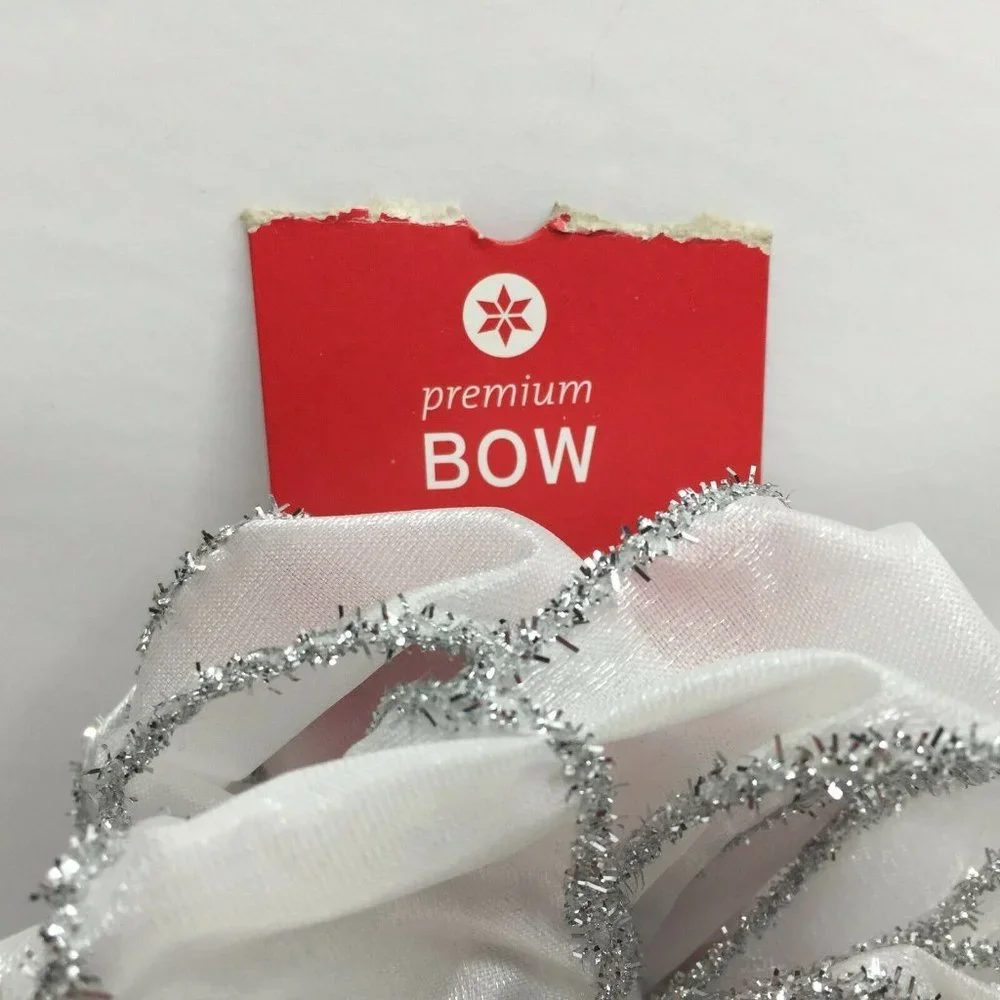 Premium Bow White Silver Tinsel Glitter Shimmer Craft Wreath Decorating Bow